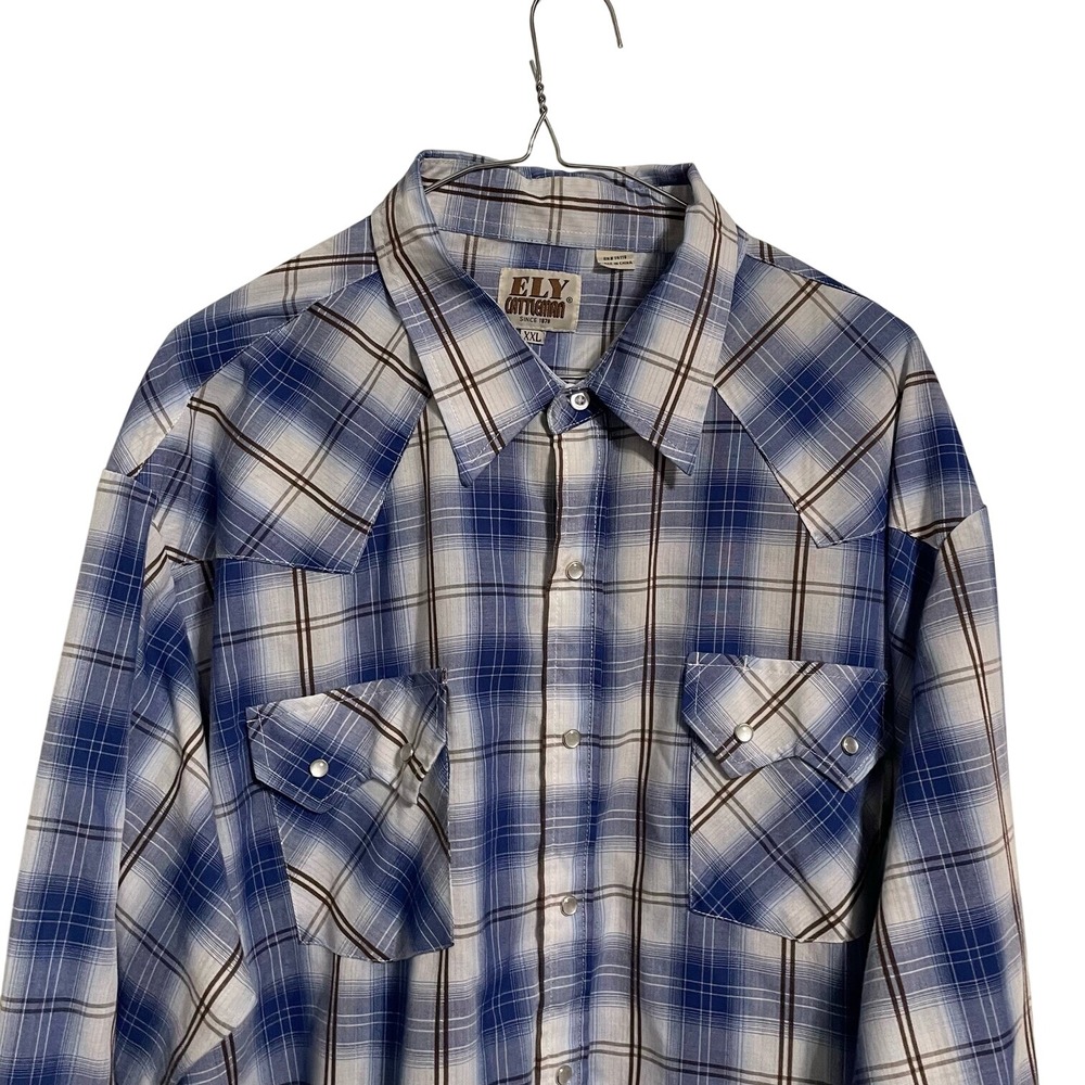 Ely Cattleman Western Pearl Snap‎ Shirt Mens XXL Blue White Plaid Long Sleeve - Picture 8 of 9